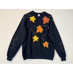 Vtg 90s Sweatshirt Jerzees Leaves Fall Puff Print USA Womens L Black Autumn
